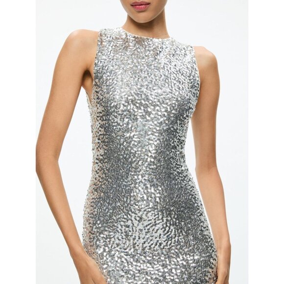 Alice + Olivia Celia Silver Sequin Cowl Back Dress 12 NWT $595 - Picture 2 of 12